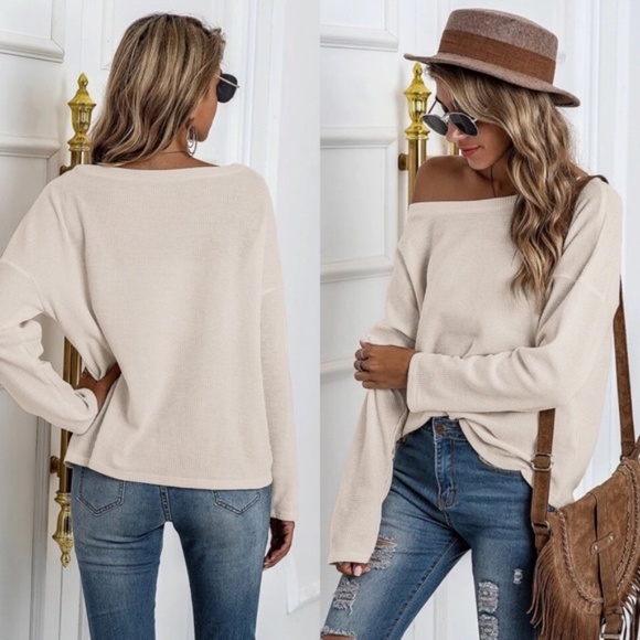 apricot oversized off shoulder waffle knit top - Picture 13 of 15